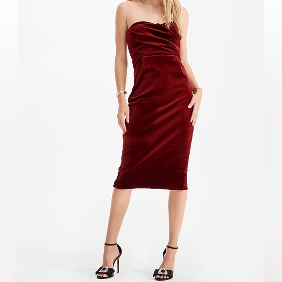 Velvet Sweetheart Neckline Strapless Midi Sheath Dress - Picture 2 of 11